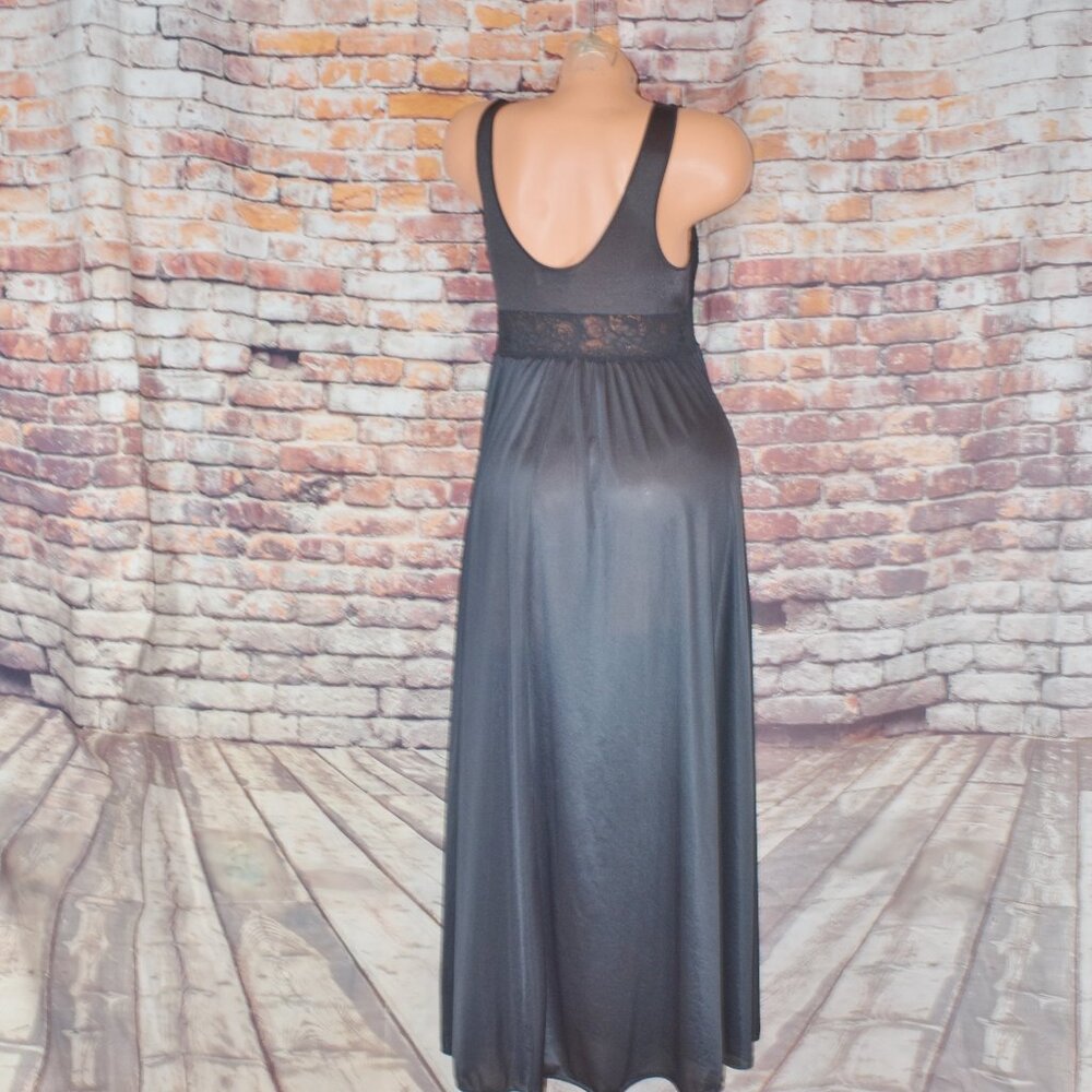 Shadowline Medium Black Full Sweep Silky Nylon Nightgown Olga esque W Lace Vtg - Picture 10 of 12